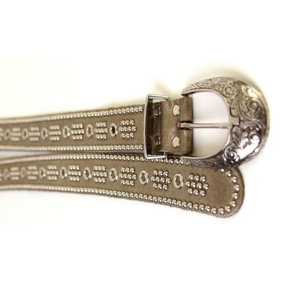 GOLD GENUINE LEATHER 1.5"Wd SILVER STUDDED CASUAL DRESS WOMEN'S BELT Sz M (T37 - Picture 4 of 6